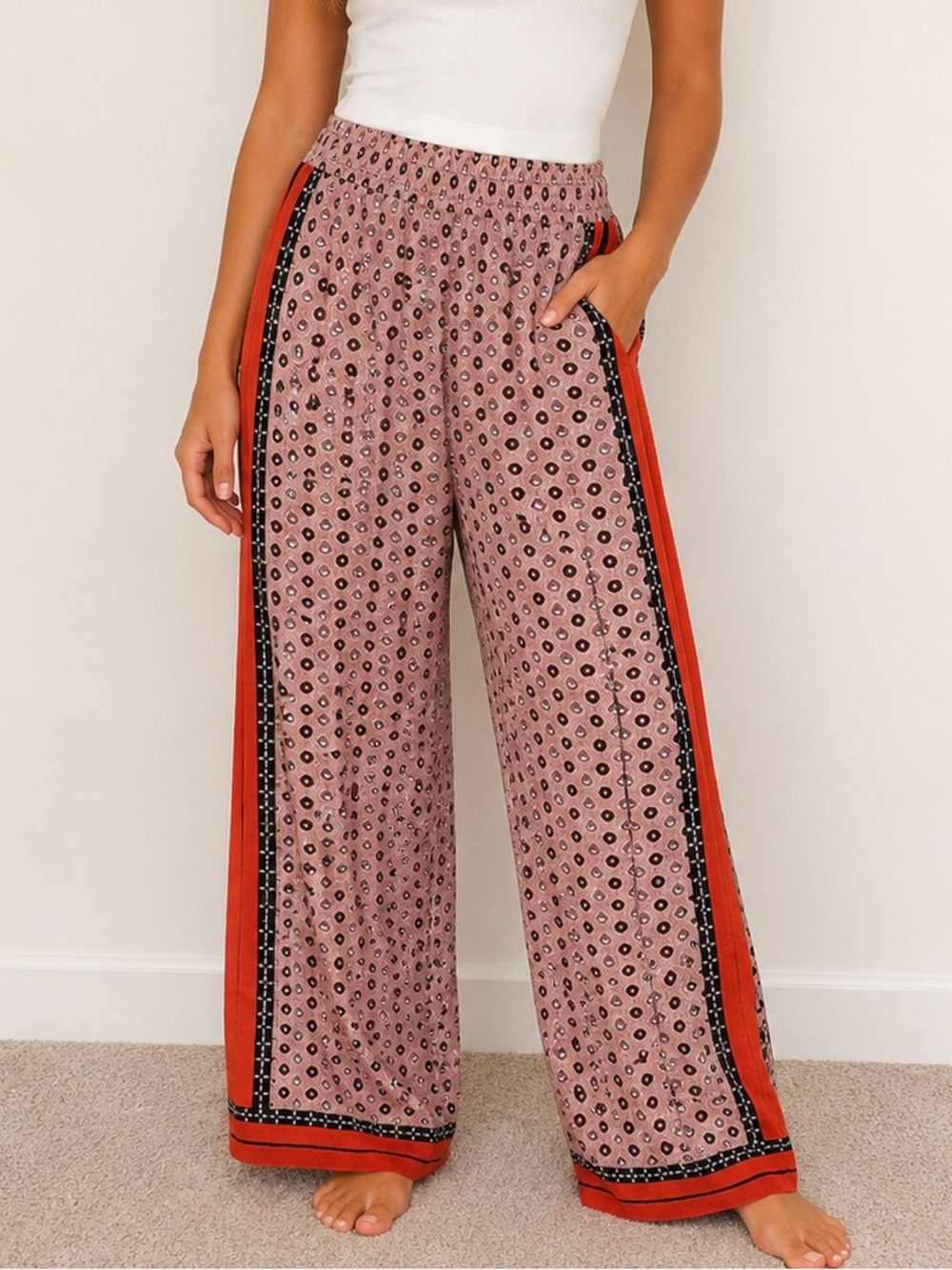 Wide Leg Printed Lounge Pants with Red Trim